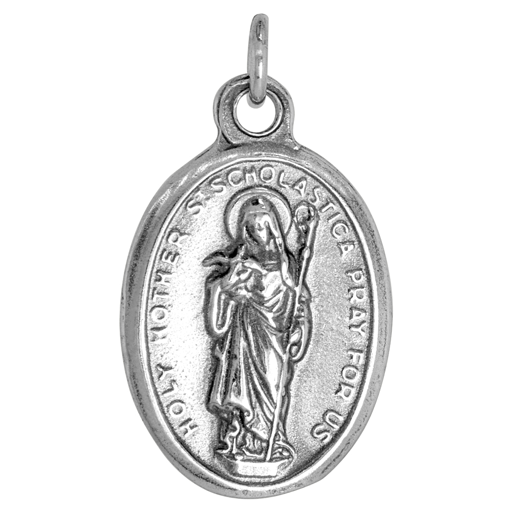 STERLING SILVER ST SCHOLASTICA MEDAL PENDANT DOUBLE SIDED SACRED HEART BACK OXIDIZED FINISH OVAL 7/8 INCH