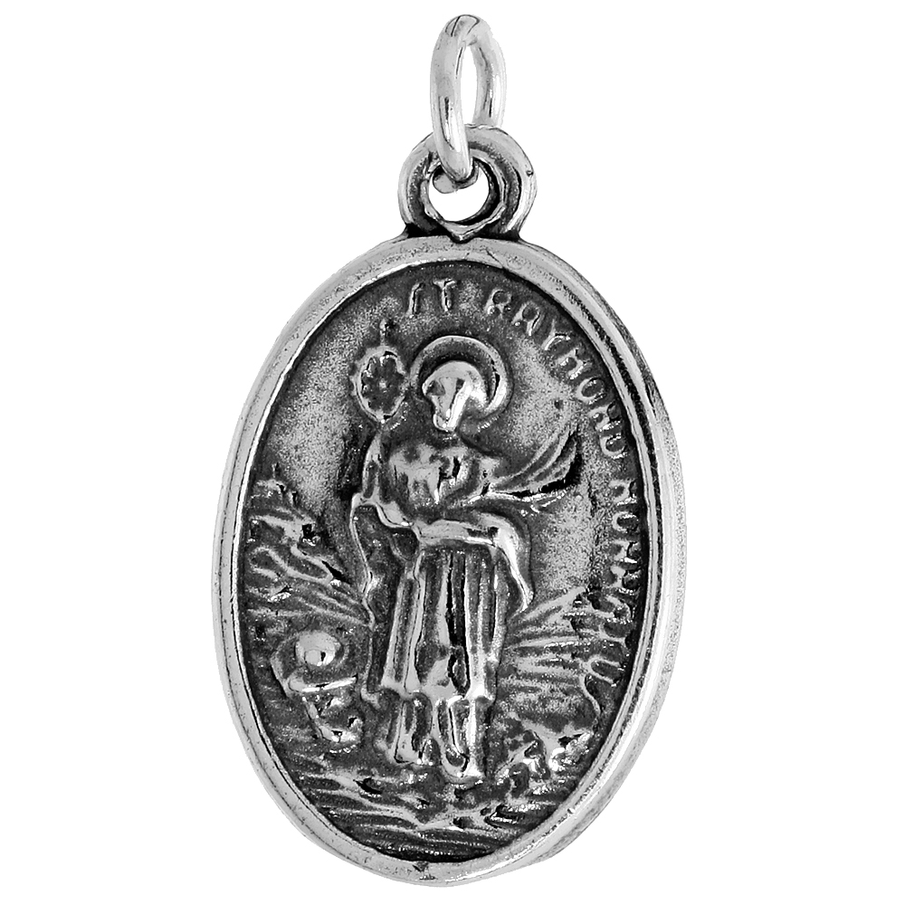 STERLING SILVER ST RAYMOND NONNATUS MEDAL PENDANT OXIDIZED FINISH OVAL 7/8 INCH