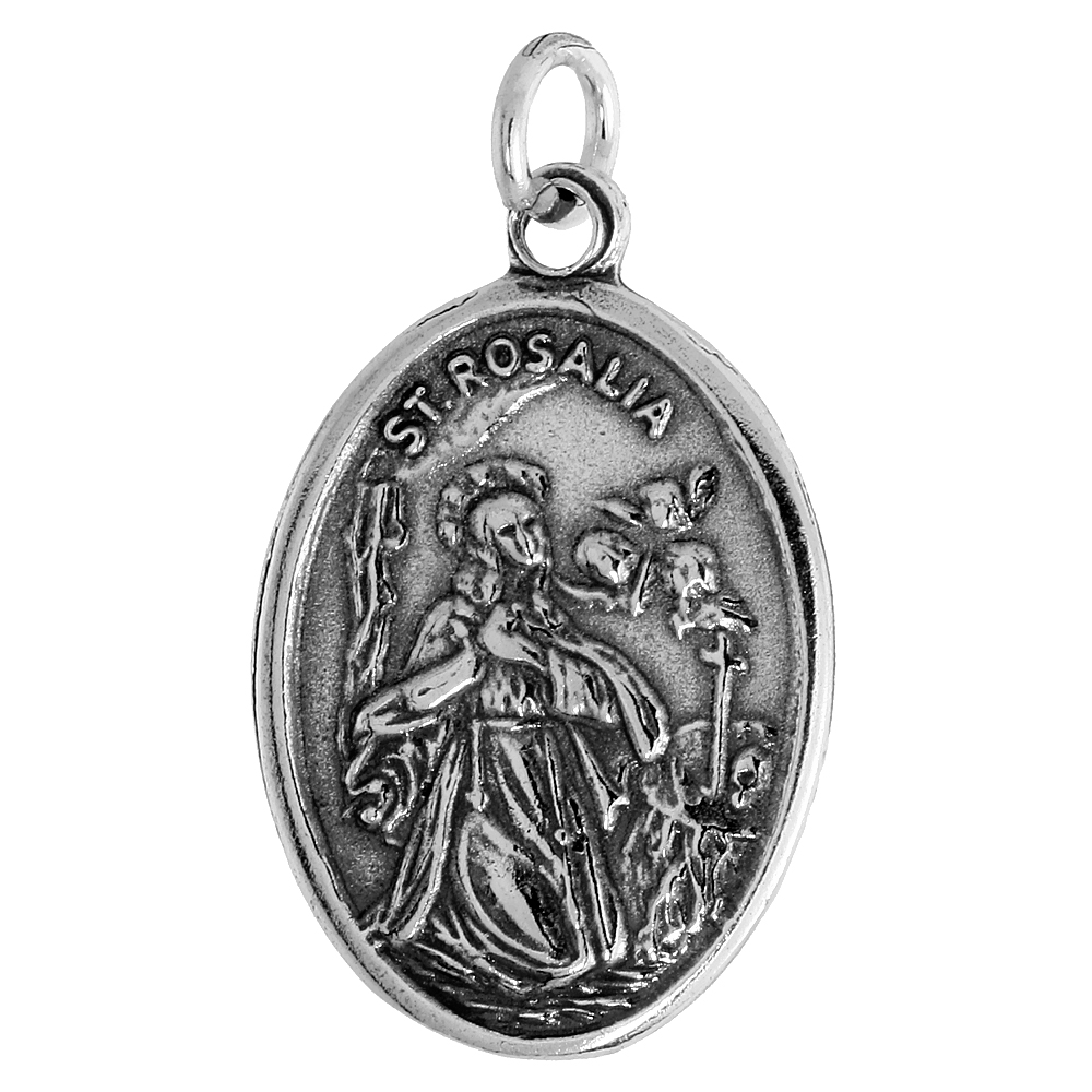 STERLING SILVER ST ROSALIA MEDAL PENDANT OXIDIZED FINISH OVAL 7/8 INCH