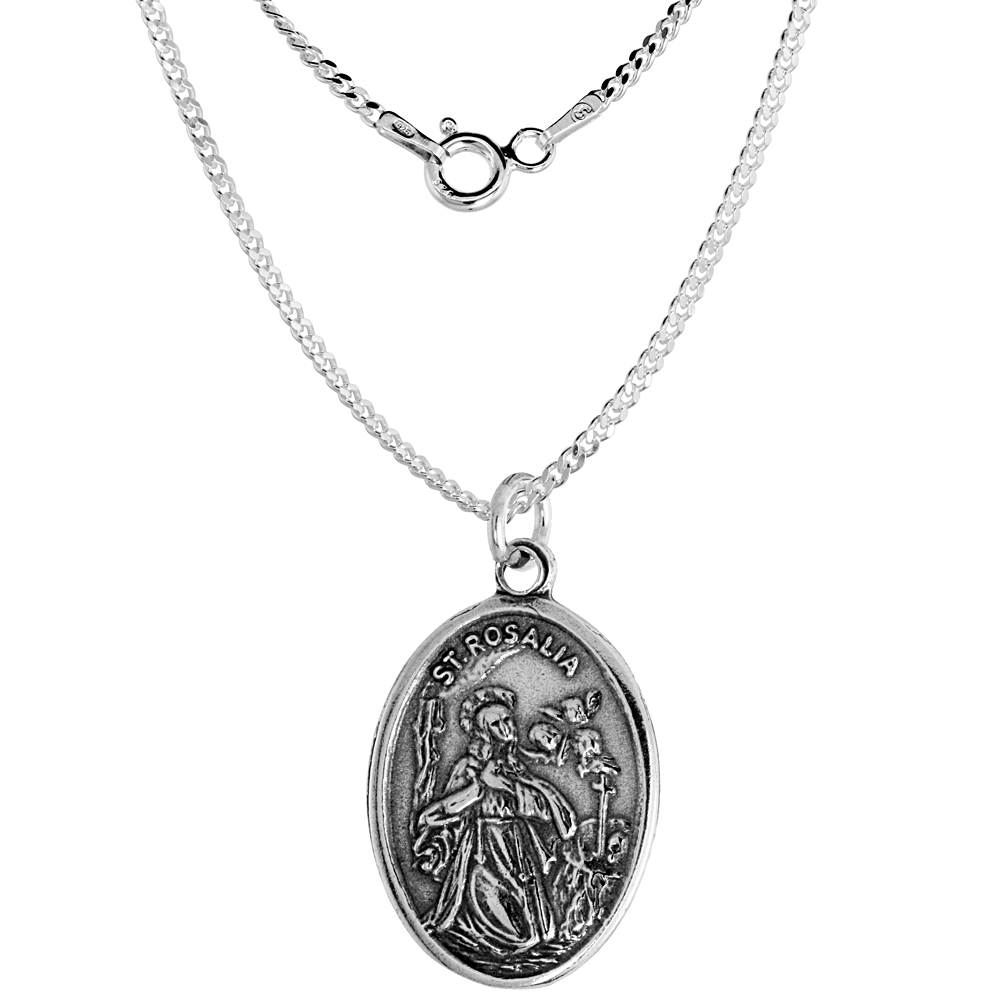 Sterling Silver St Rosalia Medal Necklace Oxidized finish Oval 1.8mm Chain