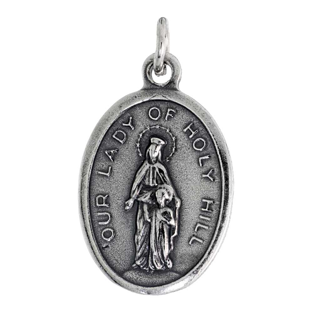 STERLING SILVER OUR LADY OF HOLY HILL MEDAL PENDANT OXIDIZED FINISH OVAL 7/8 INCH