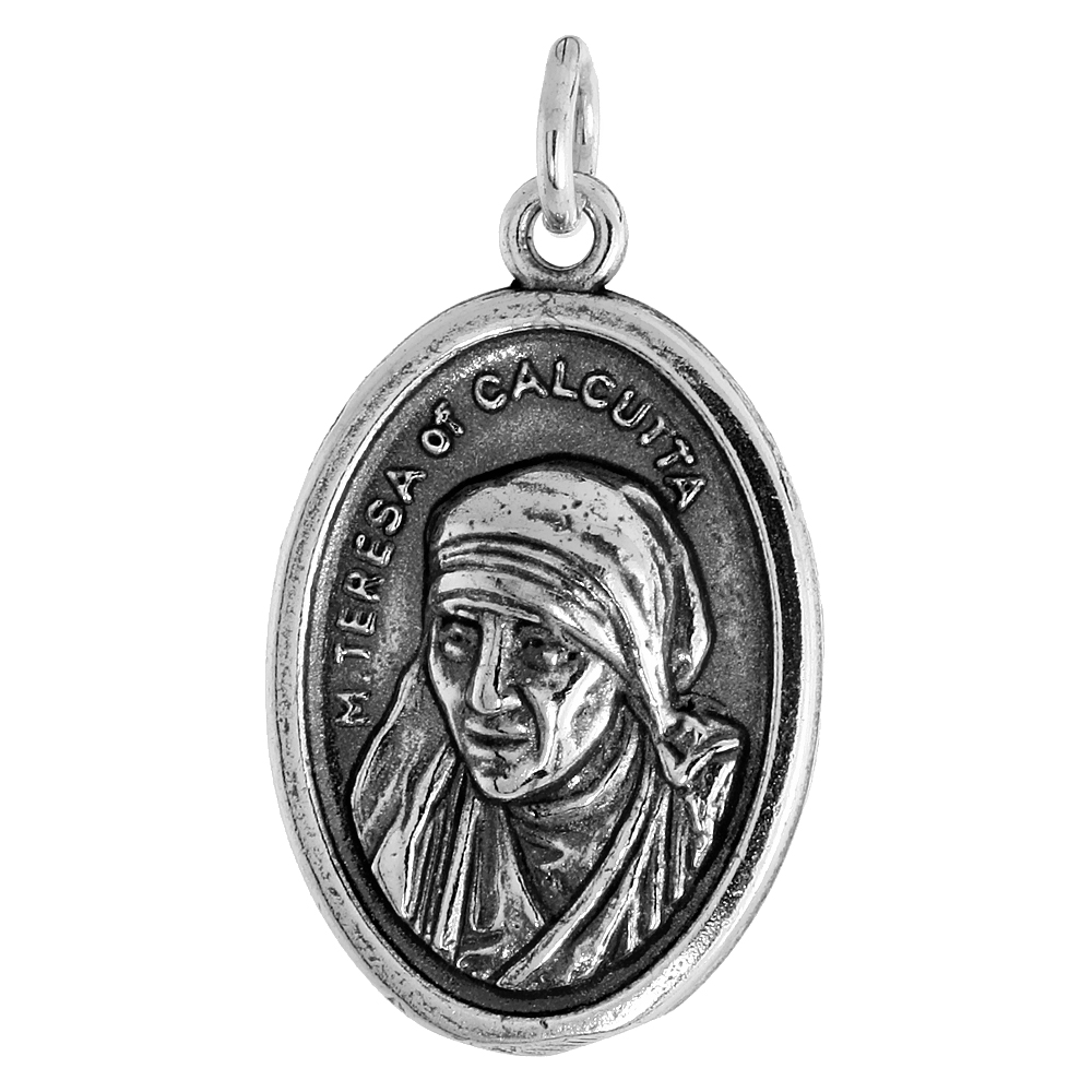 STERLING SILVER MOTHER TERESA MEDAL PENDANT OXIDIZED FINISH OVAL 7/8 INCH