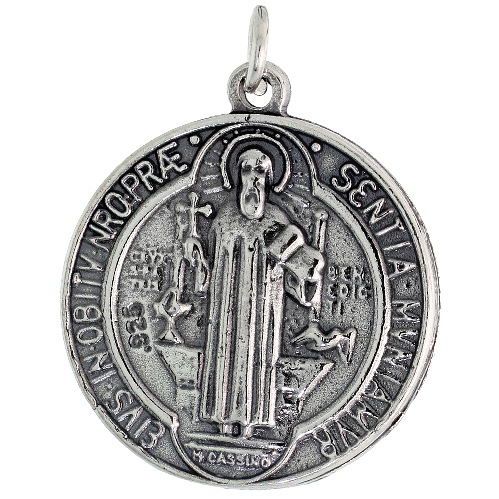STERLING SILVER ST BENEDICT MEDAL PENDANT 15/16 INCH ROUND OXIDIZED FINISH AVAILABLE WITH OR WITHOUT A SILVER CHAIN