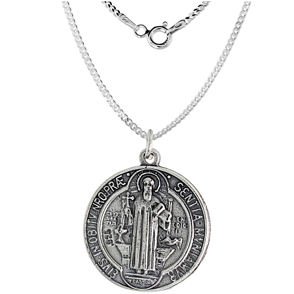 Sterling Silver St Benedict Medal Pendant 15/16 inch Round Oxidized finish Available with or without a Silver Chain