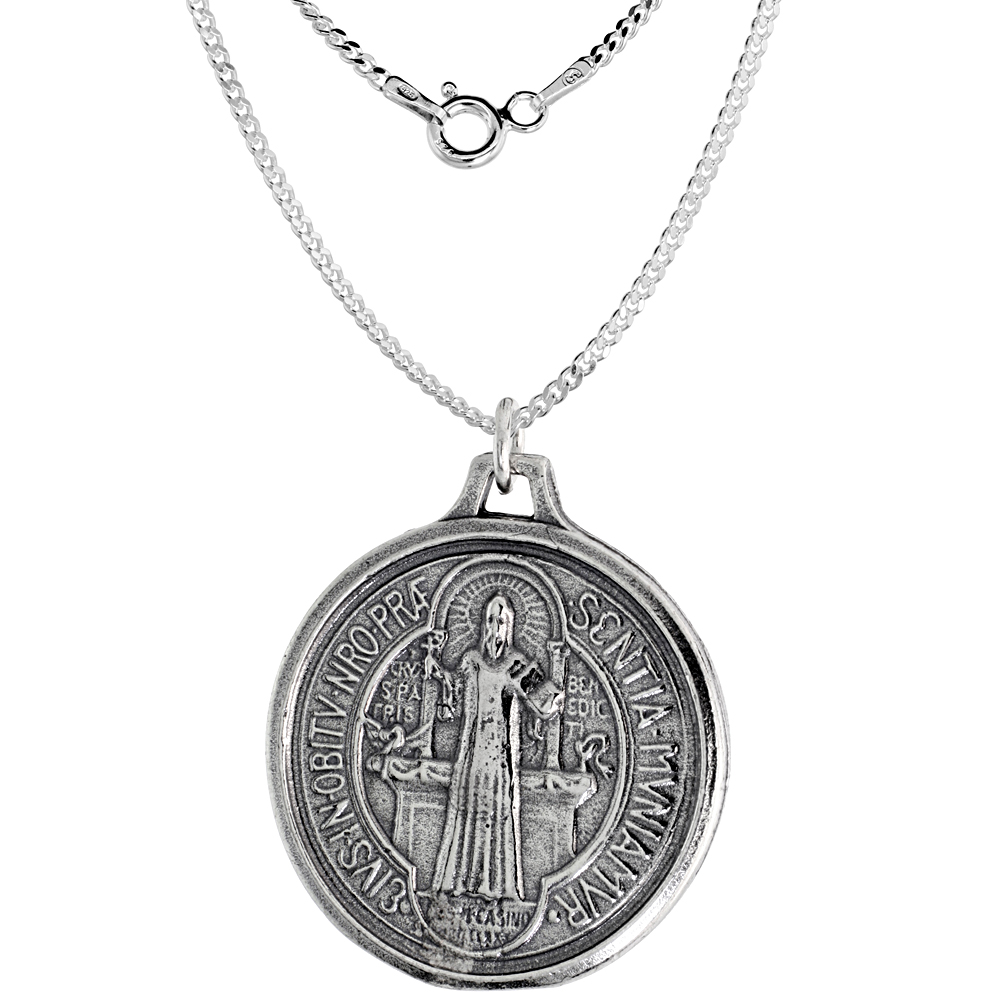1 1/4 inch Large Sterling Silver St Benedict Medal Pendant Oxidized finish for Men 28mm Round Available with or without a Silver Chain