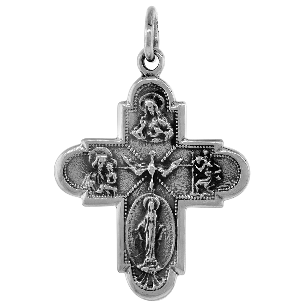 STERLING SILVER SCAPULAR 4 WAY CROSS MEDAL PENDANT OXIDIZED FINISH 7/8 INCH