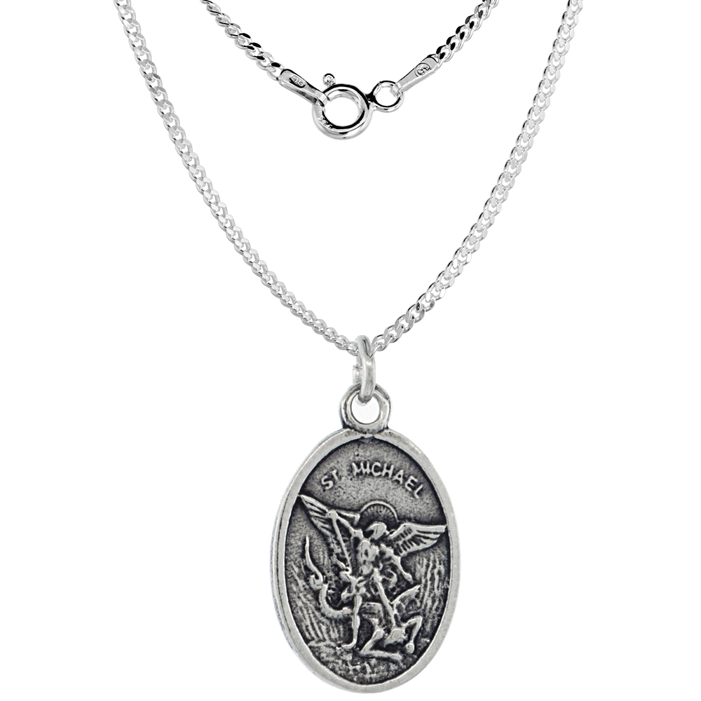 Sterling Silver St Michael Medal Necklace Oxidized finish Oval 1.8mm Chain