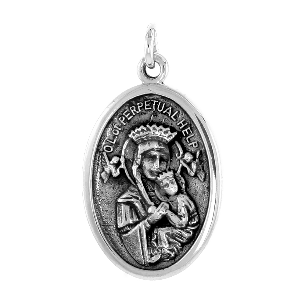 STERLING SILVER OUR LADY OF PERPETUAL HELP MEDAL PENDANT OXIDIZED FINISH OVAL 1 INCH