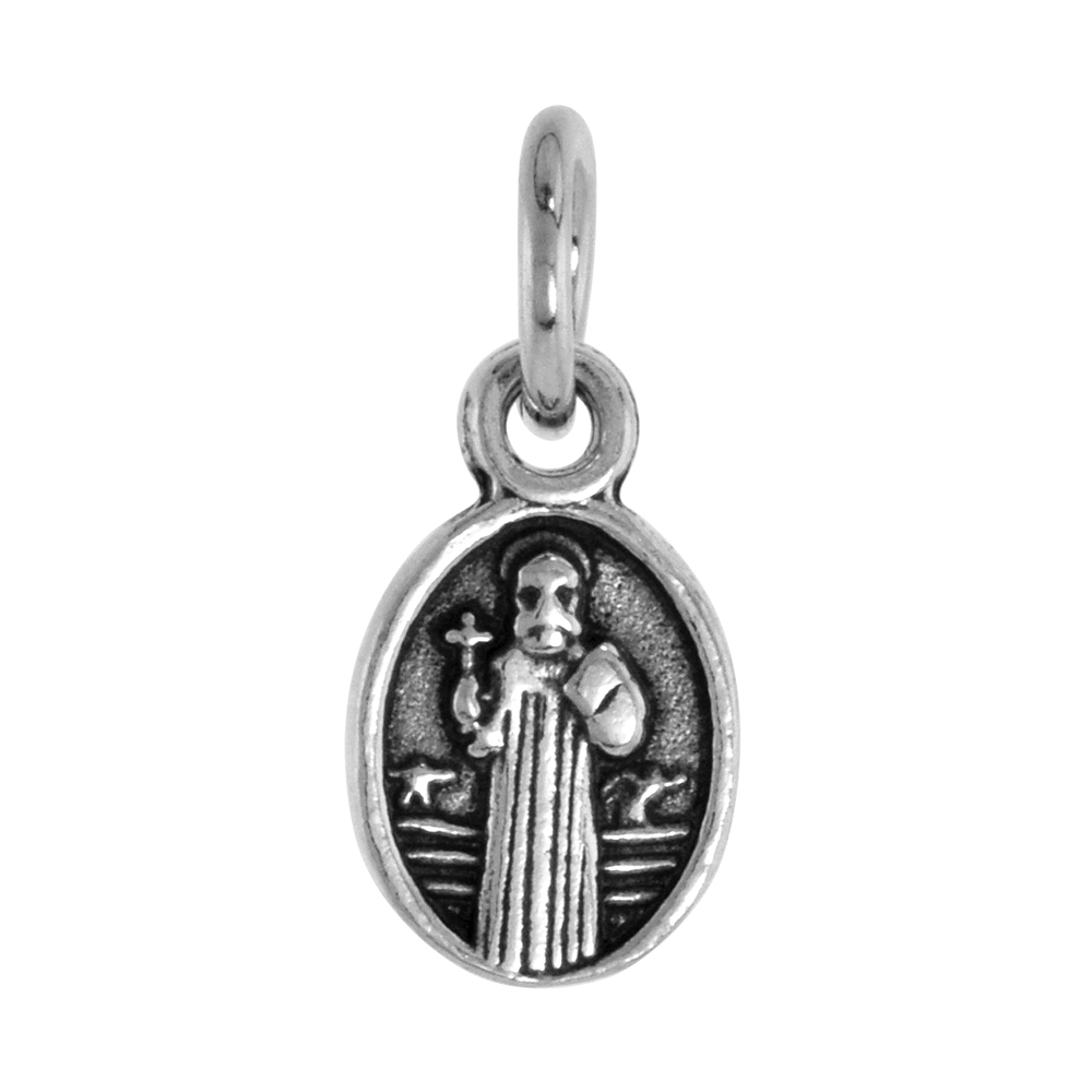VERY TINY STERLING SILVER ST BENEDICT MEDAL PENDANT OXIDIZED FINISH ANTIQUE FINISH OVAL 3/8 INCH WITH NO CHAIN