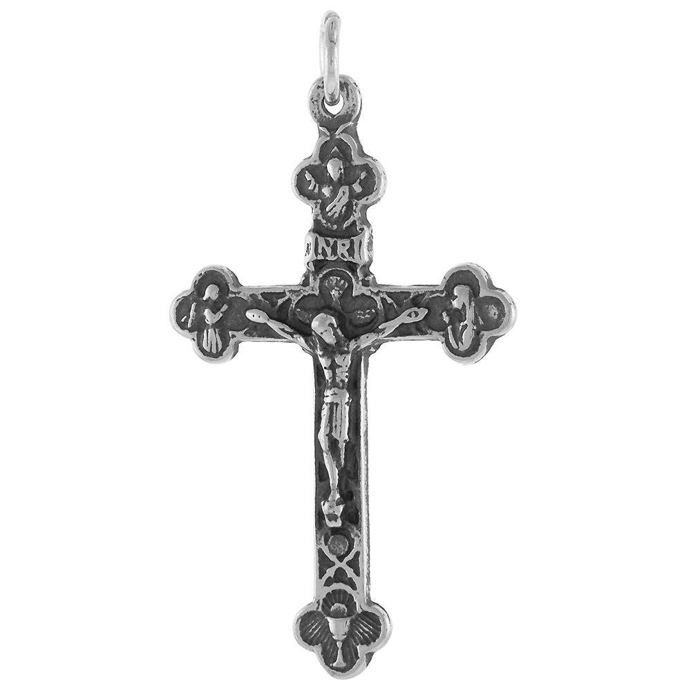 STERLING SILVER BUDDED LITURGY CRUCIFIX PENDANT FOR MEN AND WOMEN 1 1/2 INCH (38MM)