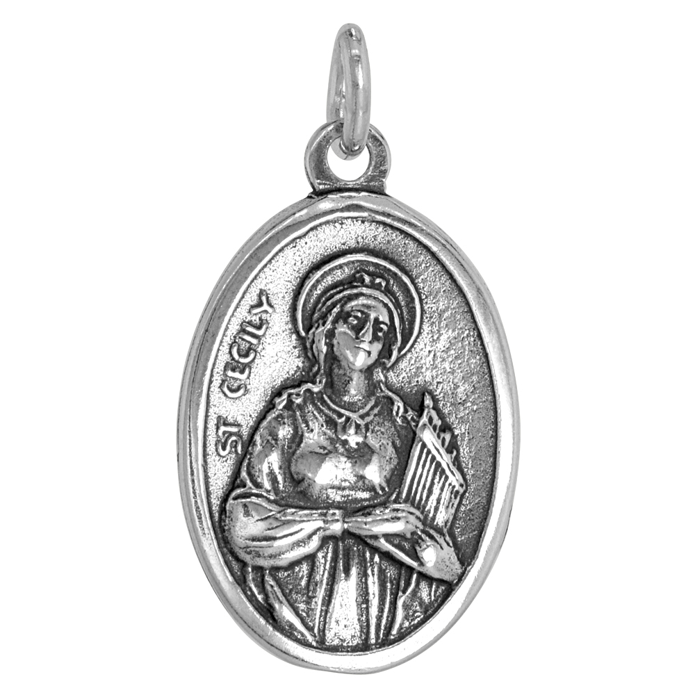 STERLING SILVER ST CECILY MEDAL PENDANT OXIDIZED FINISH OVAL 1 INCH