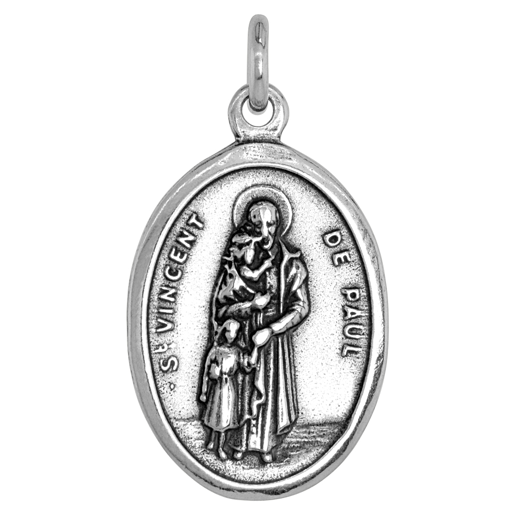 STERLING SILVER ST VINCENT MEDAL PENDANT OXIDIZED FINISH OVAL 1 INCH