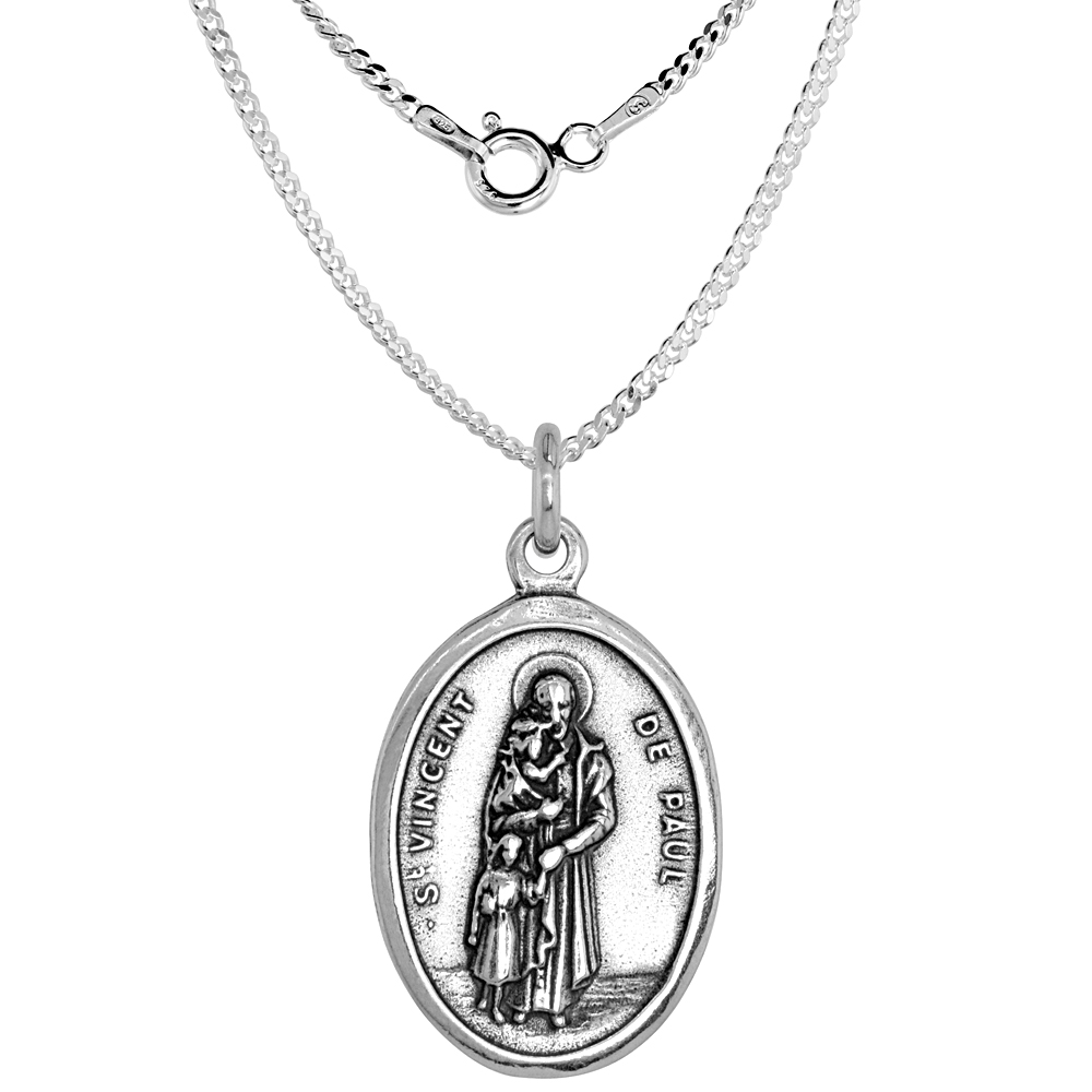 Sterling Silver St Vincent Medal Necklace Oxidized finish Oval 1.8mm Chain