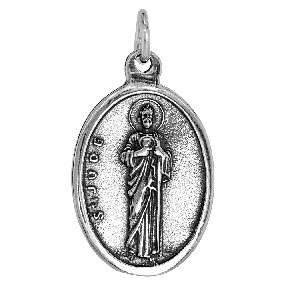 STERLING SILVER ST JUDE MEDAL PENDANT OXIDIZED FINISH OVAL 1 INCH