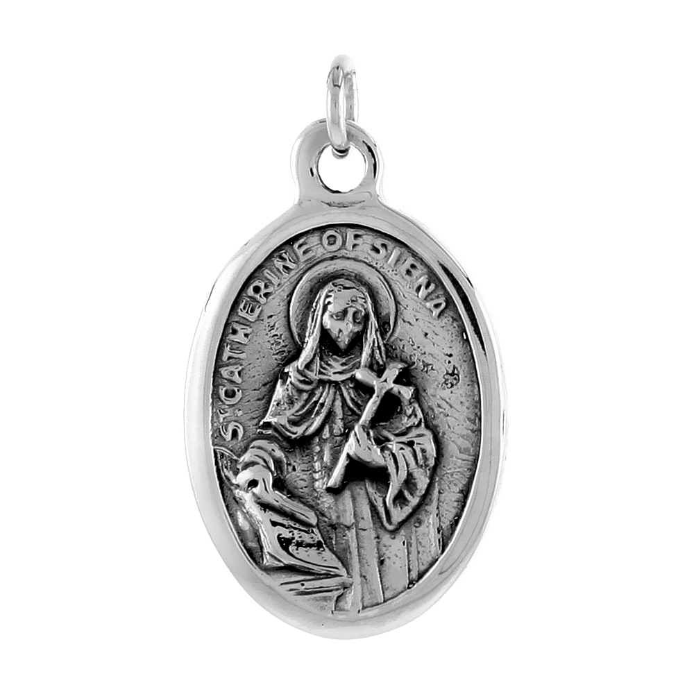 STERLING SILVER ST CATHERINE OF SIENA MEDAL PENDANT OXIDIZED FINISH OVAL 1 INCH