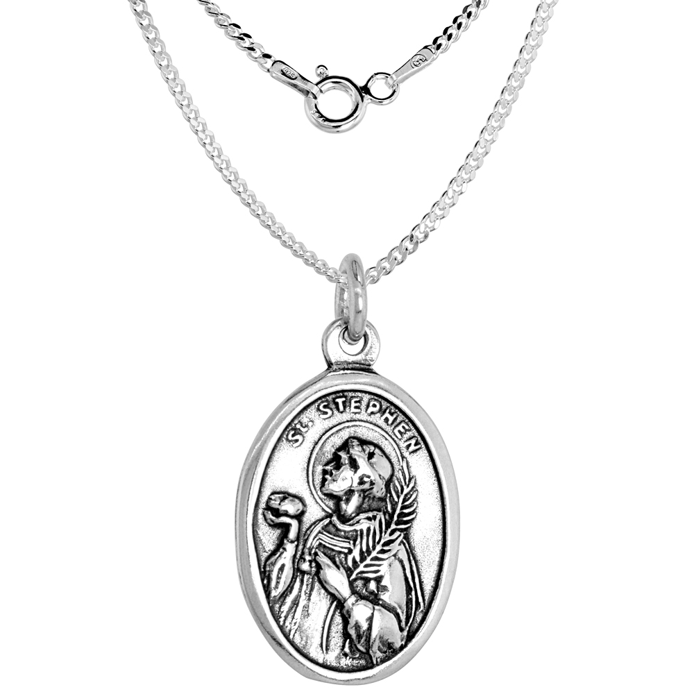 Sterling Silver St Stephen Medal Necklace Oxidized finish Oval 1.8mm Chain