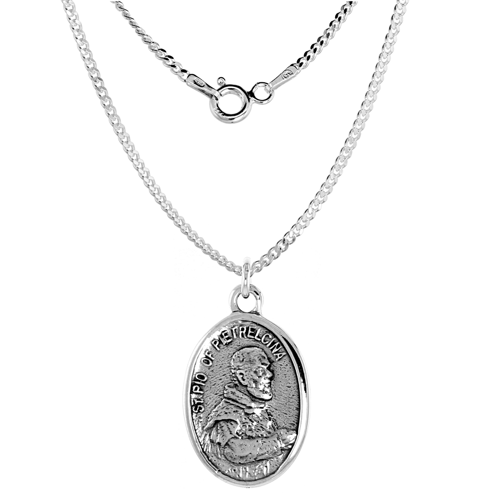 Sterling Silver St Padre Pio Medal Necklace Oxidized finish Oval 1.8mm Chain