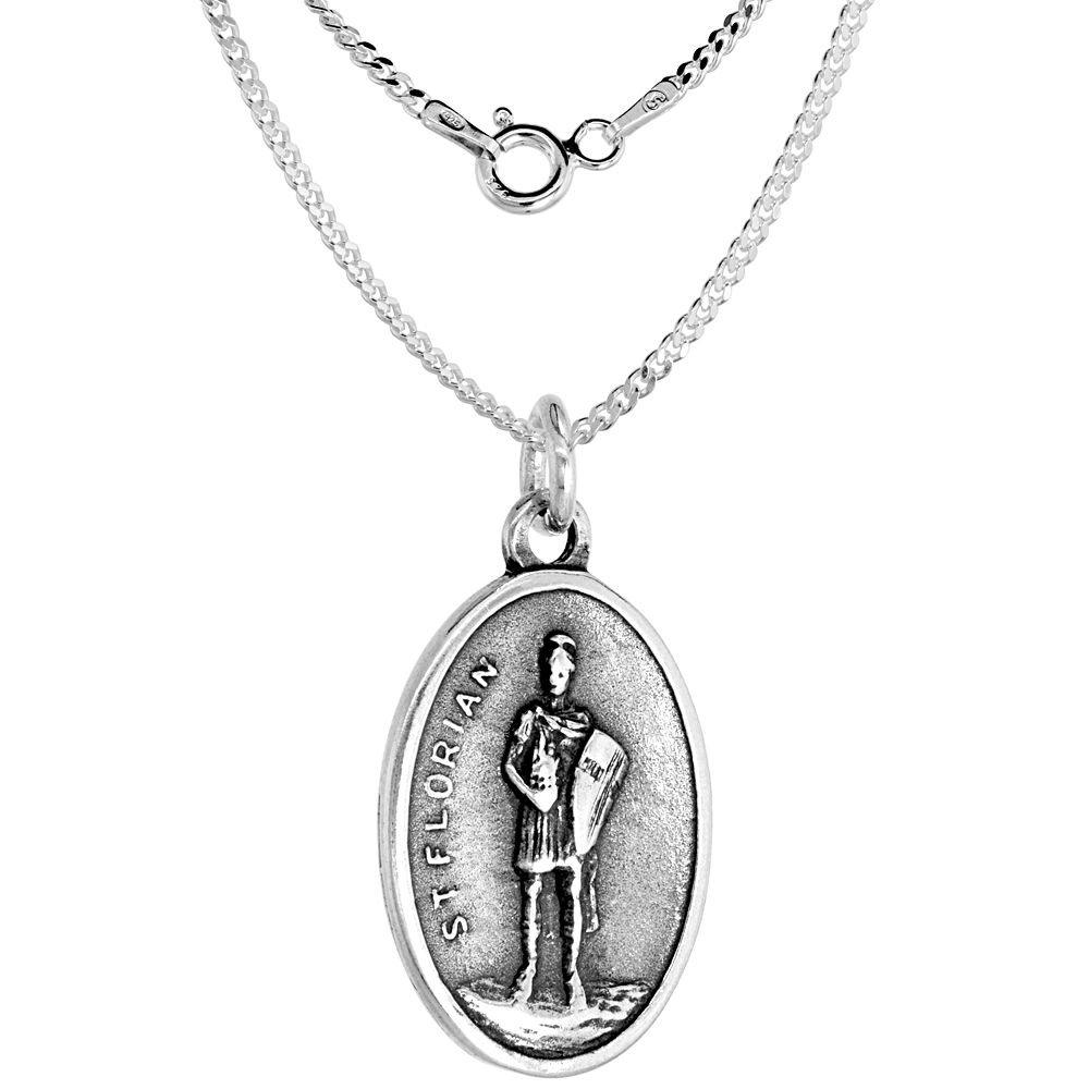 Sterling Silver St Florian Medal Necklace Oxidized finish Oval 1.8mm Chain