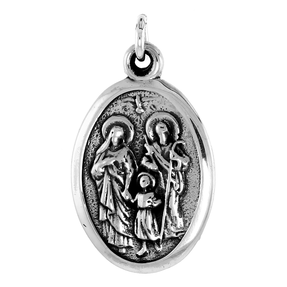 STERLING SILVER JESUS MARY JOSEPH HOLY FAMILY MEDAL PENDANT OXIDIZED FINISH OVAL 1 INCH
