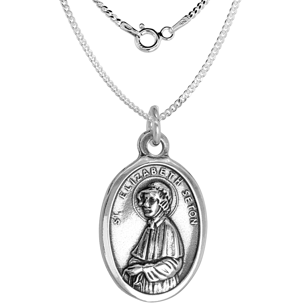 Sterling Silver St Elizabeth Seton Medal Necklace Oxidized finish Oval 1.8mm Chain