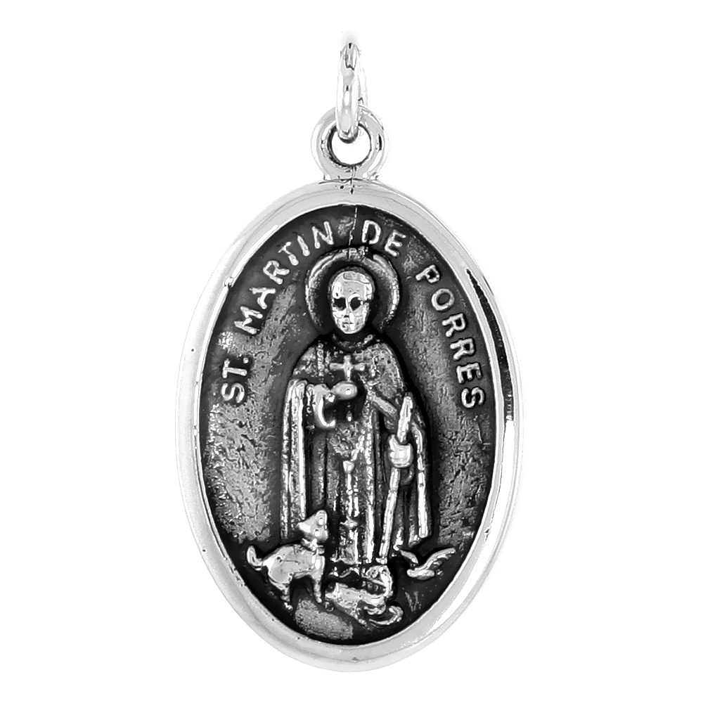 STERLING SILVER ST MARTIN DE PORRES MEDAL PENDANT OXIDIZED FINISH OVAL 1 INCH