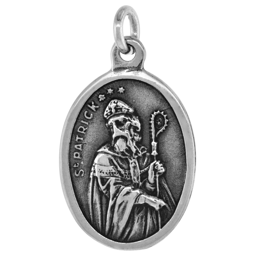 STERLING SILVER ST PATRICK MEDAL PENDANT OXIDIZED FINISH OVAL 1 INCH