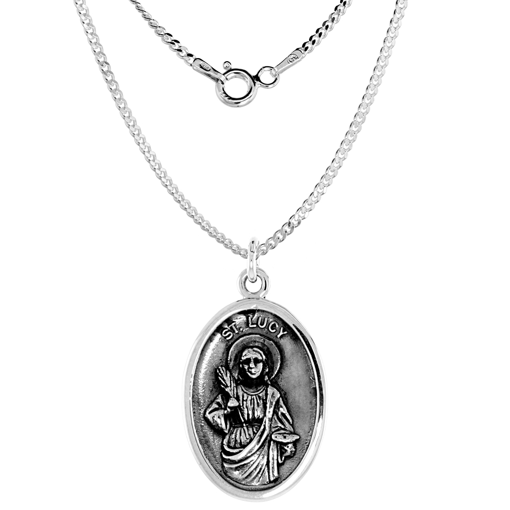 Sterling Silver St Lucy Medal Necklace Oxidized finish Oval 1.8mm Chain