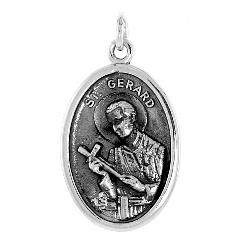 STERLING SILVER ST GERARD MEDAL PENDANT OXIDIZED FINISH OVAL 1 INCH