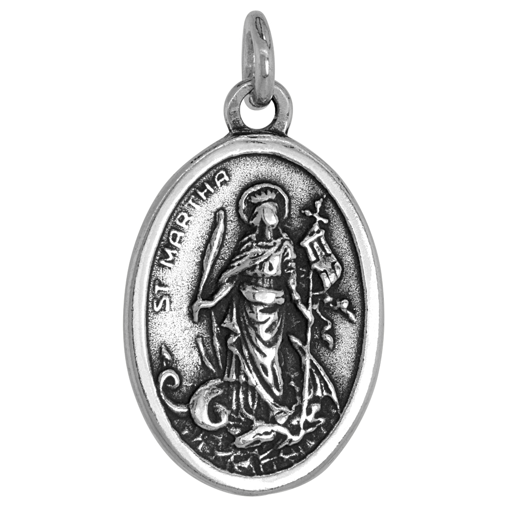 STERLING SILVER ST MARTHA MEDAL PENDANT OXIDIZED FINISH OVAL 1 INCH