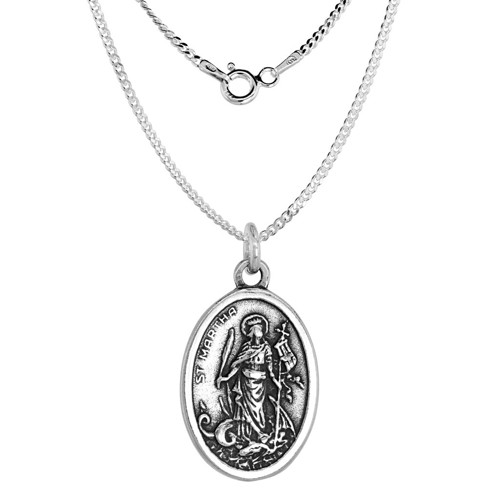 Sterling Silver St Martha Medal Necklace Oxidized finish Oval 1.8mm Chain