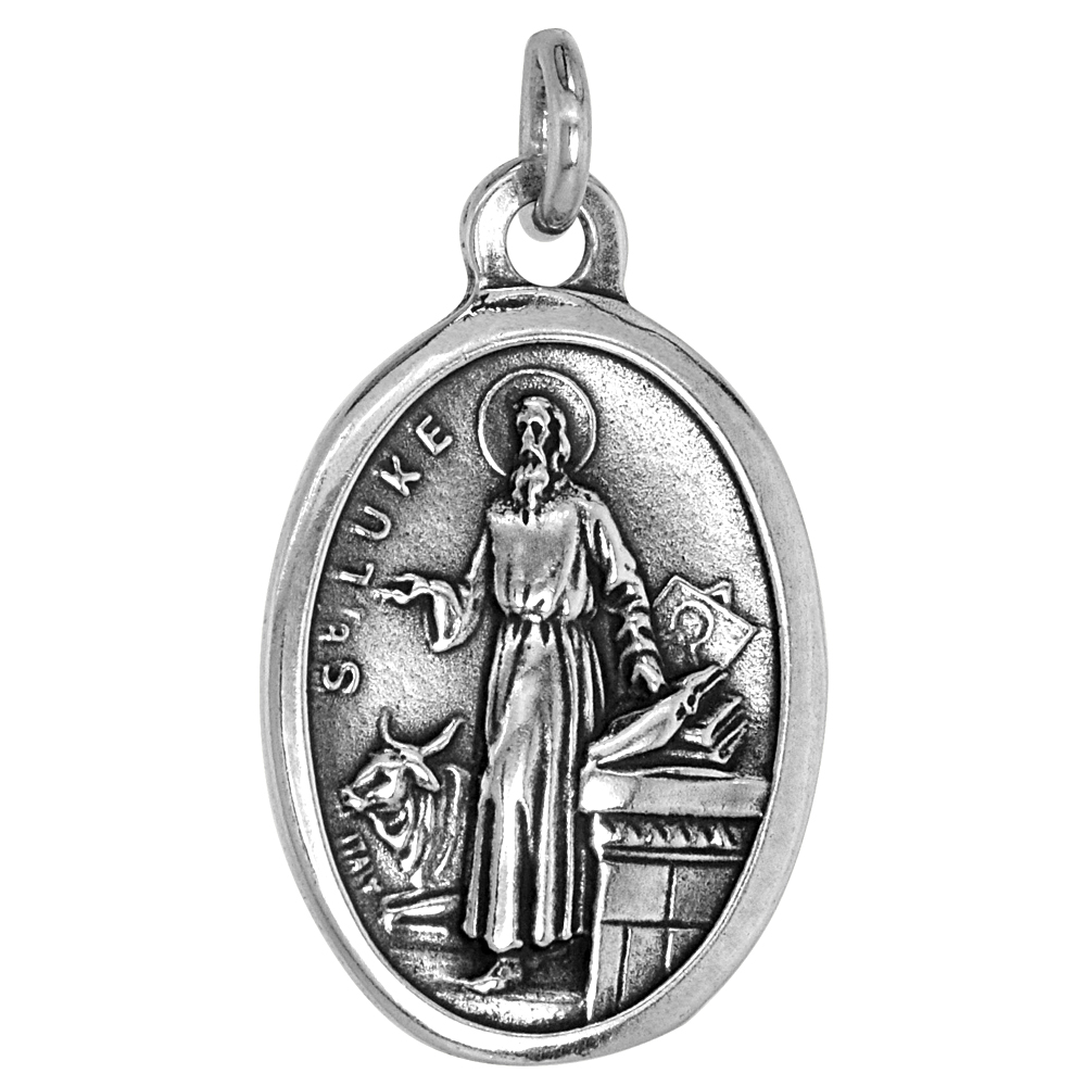 STERLING SILVER ST LUKE MEDAL PENDANT OXIDIZED FINISH OVAL 1 INCH