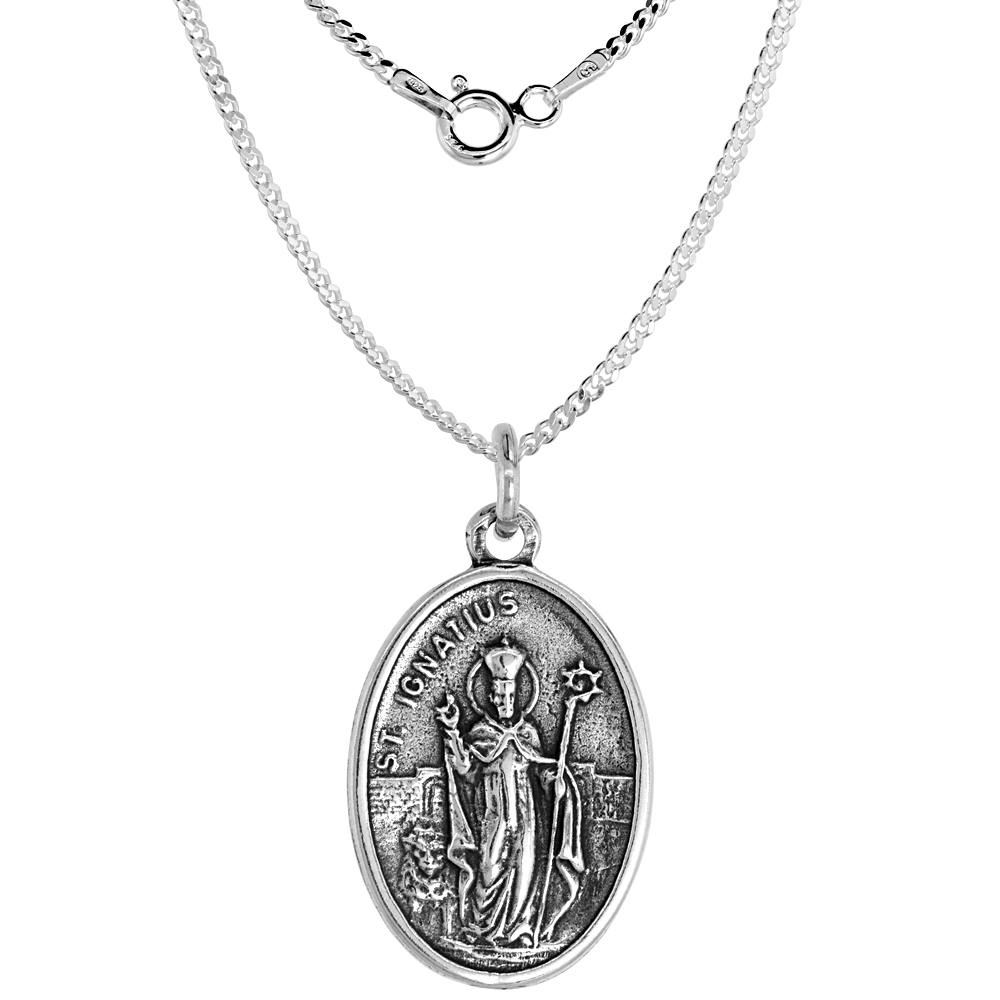 Sterling Silver St Ignatius Medal Necklace Oxidized finish Oval 1.8mm Chain