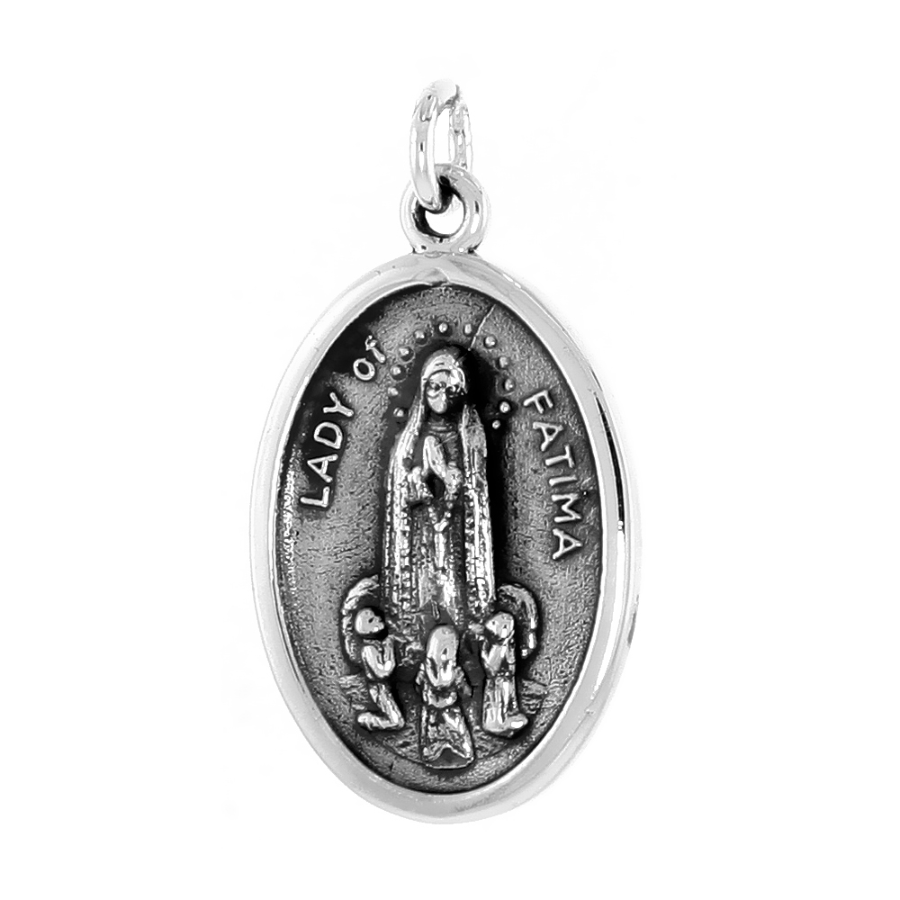 STERLING SILVER LADY OF FATIMA MEDAL PENDANT OXIDIZED FINISH OVAL 1 INCH