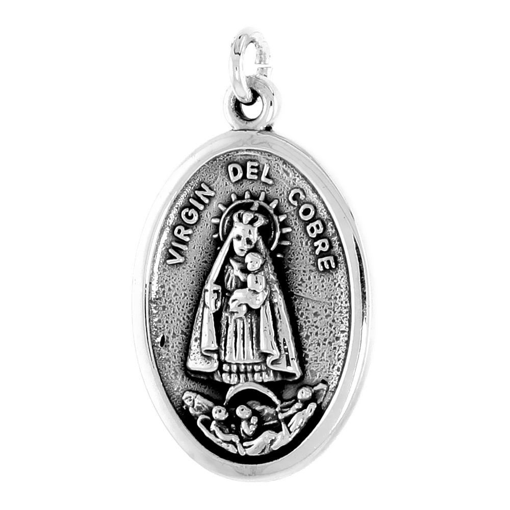 STERLING SILVER VIRGIN DEL COBRE MEDAL PENDANT OXIDIZED FINISH OVAL 1 INCH