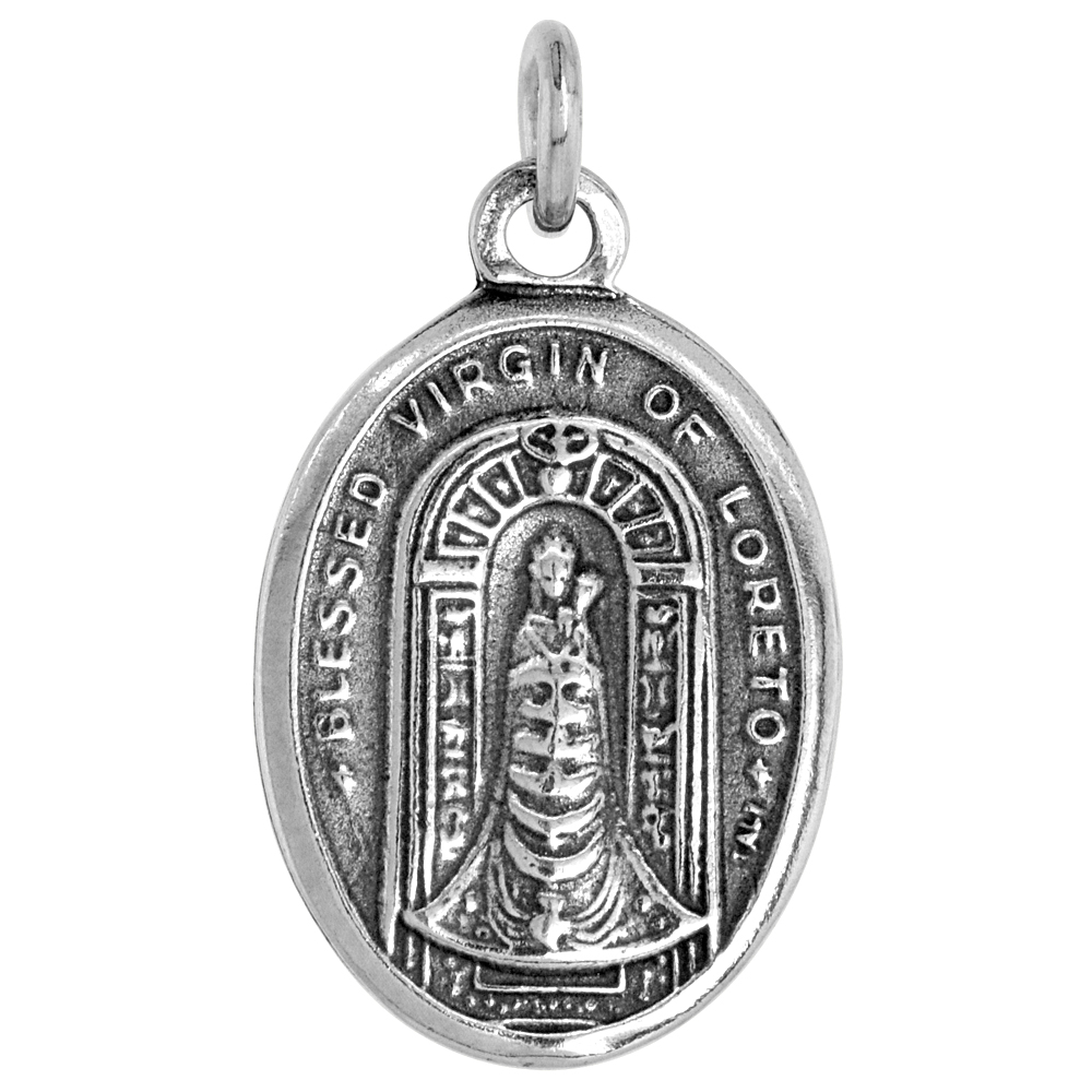 STERLING SILVER BLESSED VIRGIN OF LORETO MEDAL PENDANT OXIDIZED FINISH OVAL 1 INCH