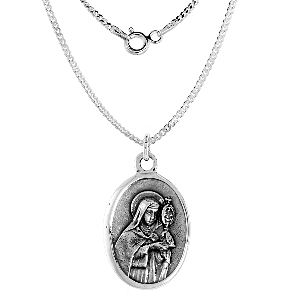 Sterling Silver St Clare Medal Necklace Oxidized finish Oval 1.8mm Chain