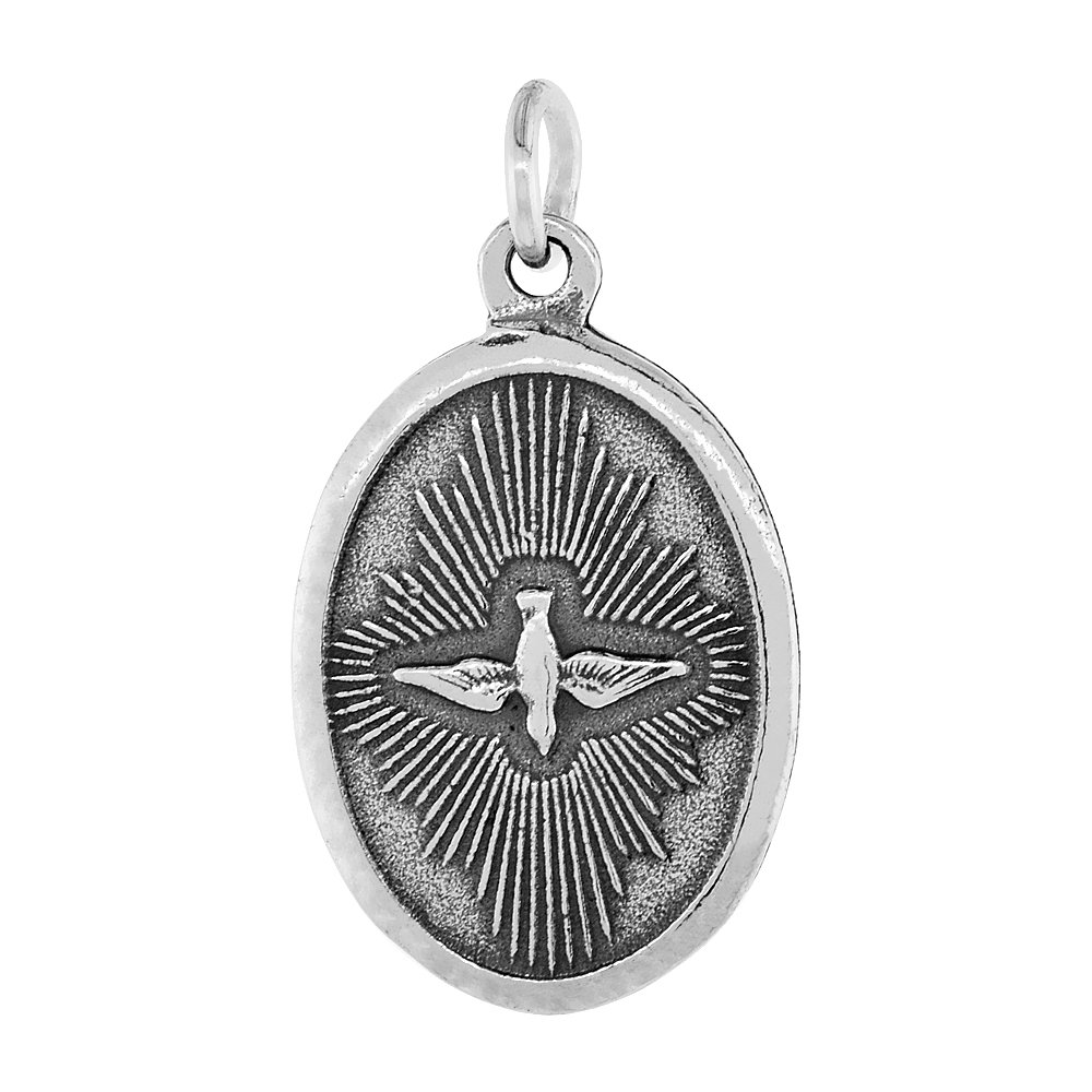 STERLING SILVER HOLY SPIRIT MEDAL PENDANT OXIDIZED FINISH OVAL 1 INCH