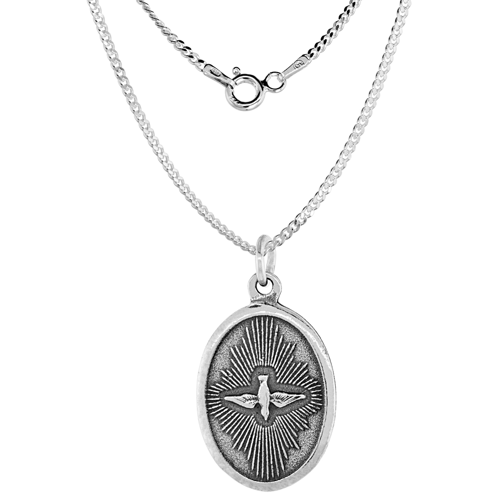 Sterling Silver Holy Spirit Medal Pendant Oxidized finish Oval 1 inch