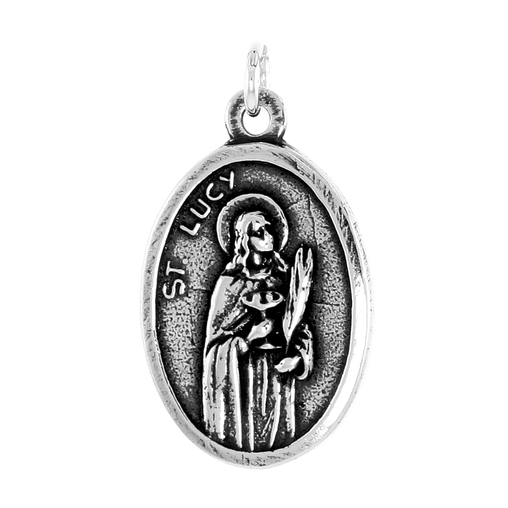 STERLING SILVER ST LUCY AND SACRED HEART MEDAL PENDANT OXIDIZED FINISH OVAL 1 INCH