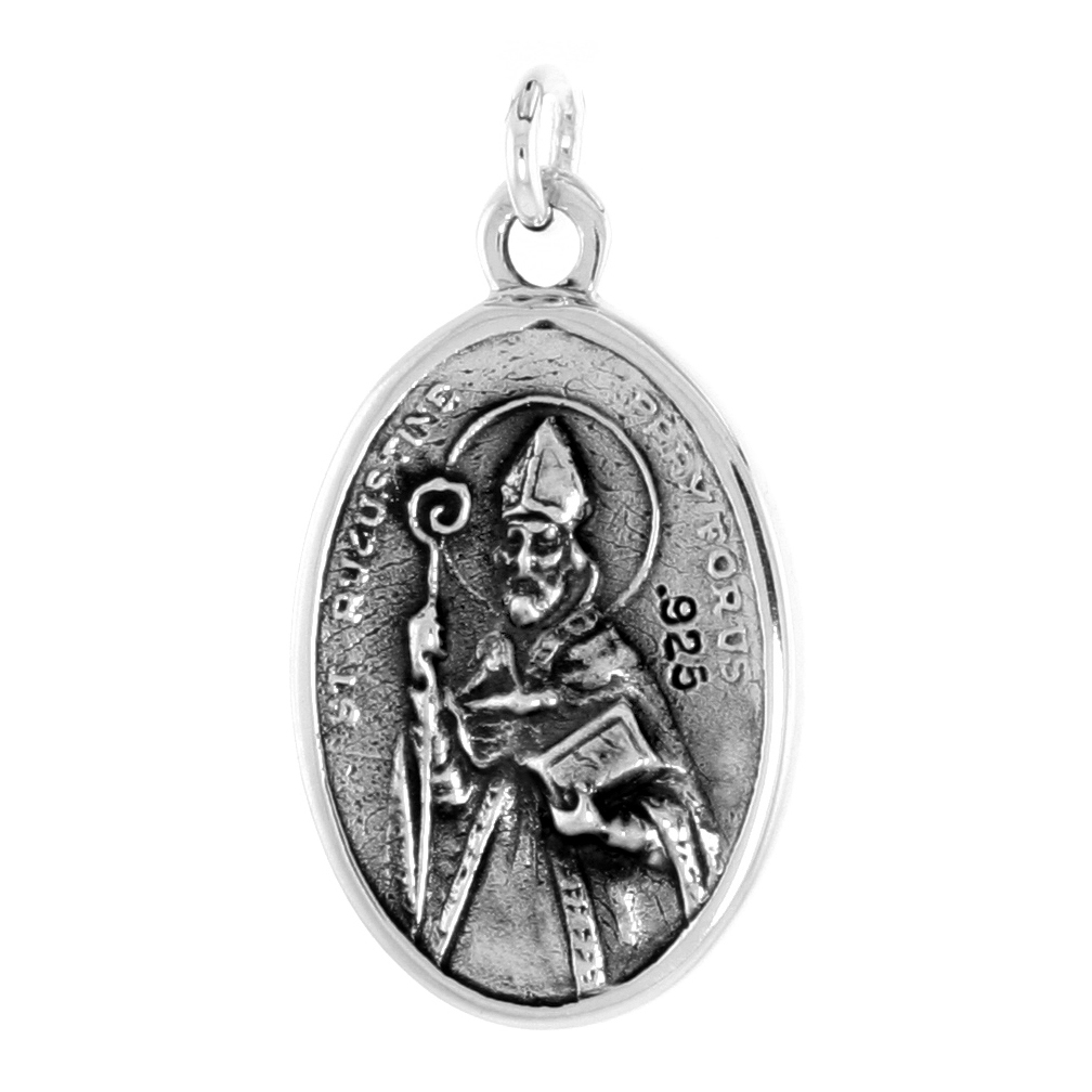 STERLING SILVER ST MONICA AND ST AUGUSTINE MEDAL PENDANT OXIDIZED FINISH OVAL 1 INCH