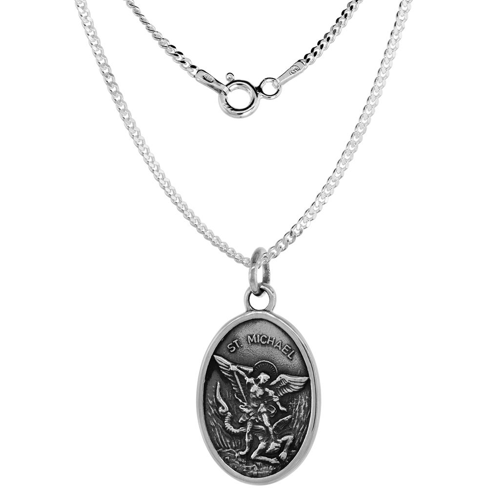 Sterling Silver St Michael Medal Necklace Oxidized finish Oval 1.8mm Chain