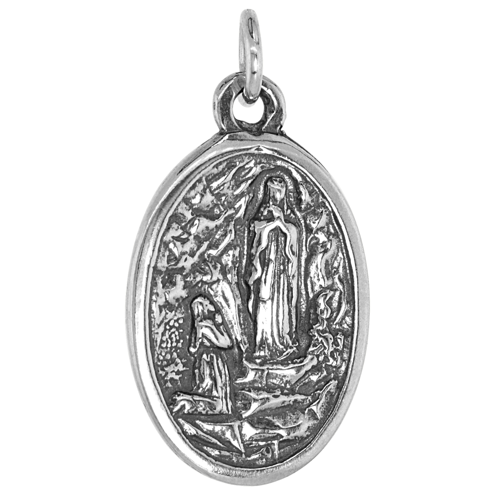 STERLING SILVER ST BERNADETTE AND ASCENSION OF VIRGIN MARY MEDAL PENDANT OXIDIZED FINISH OVAL 1 INCH