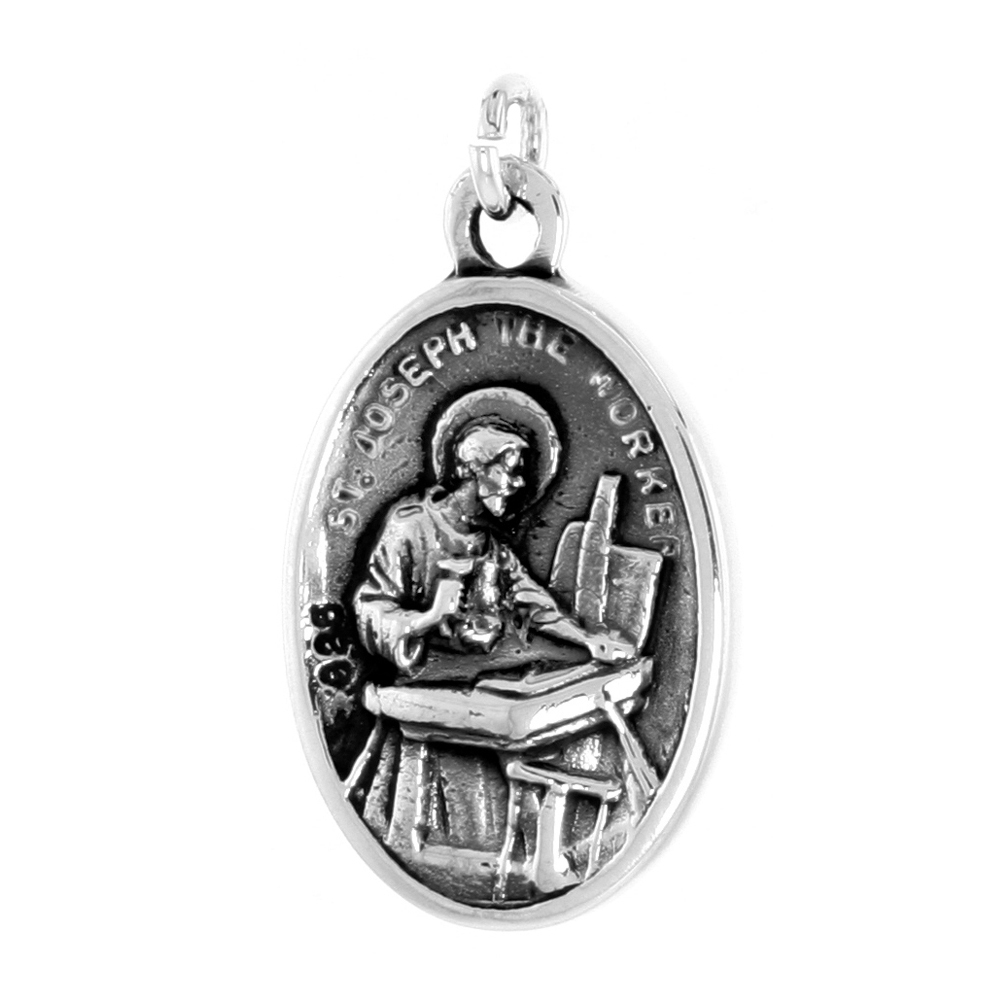 STERLING SILVER ST JOSEPH AND ST DYMPHNA MEDAL PENDANT OXIDIZED FINISH OVAL 1 INCH