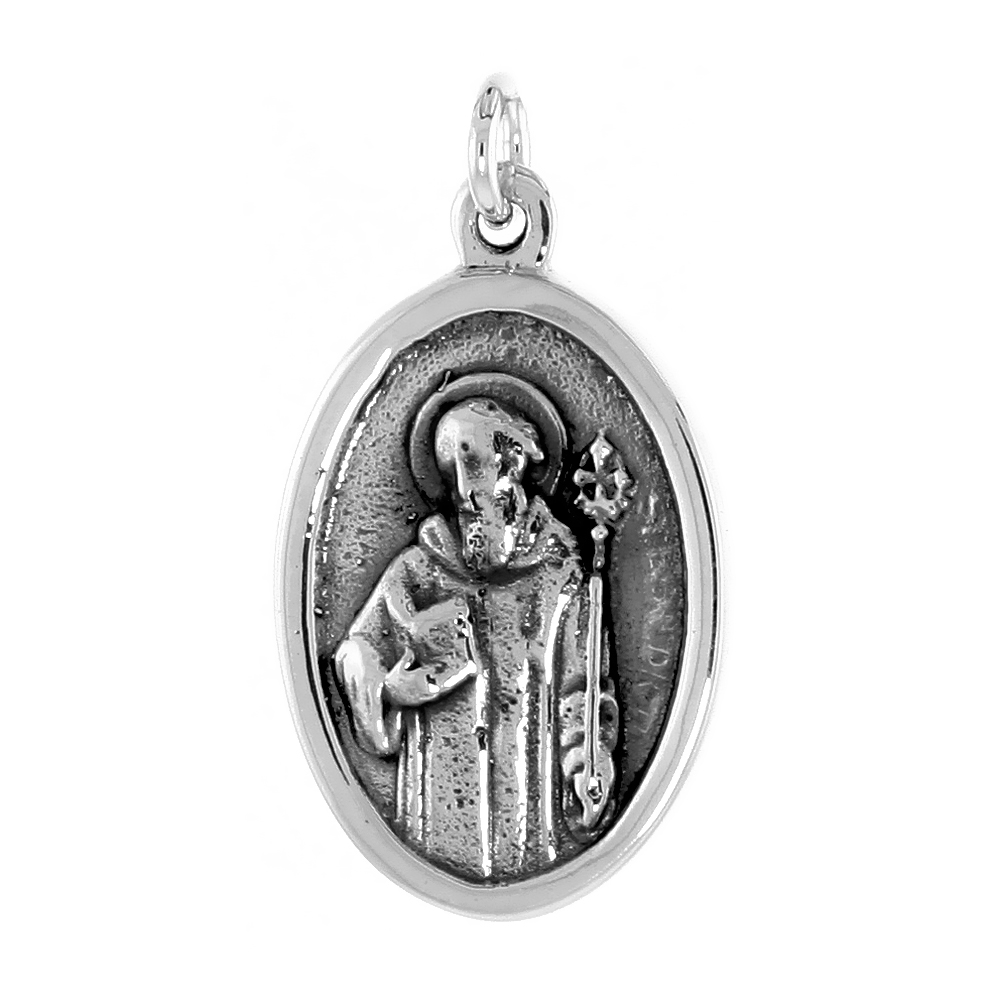 STERLING SILVER SAINT BENEDICT MEDAL PENDANT OXIDIZED FINISH 1 INCH OVAL WITH NO CHAIN