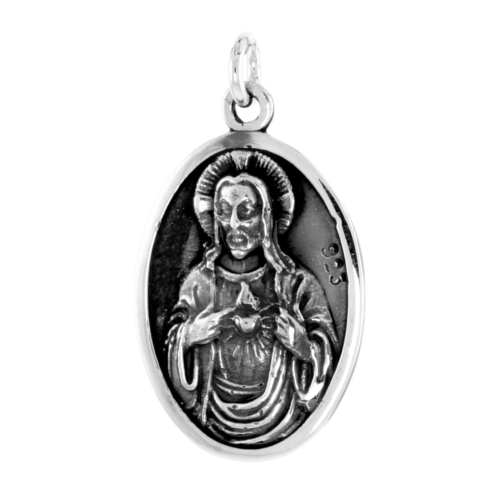 STERLING SILVER SACRED HEART AND VIRGIN OF CARMEL MEDAL PENDANT OXIDIZED FINISH OVAL 1 INCH