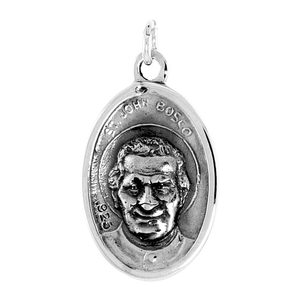 STERLING SILVER ST JOHN BOSCO MEDAL PENDANT OXIDIZED FINISH OVAL 1 INCH