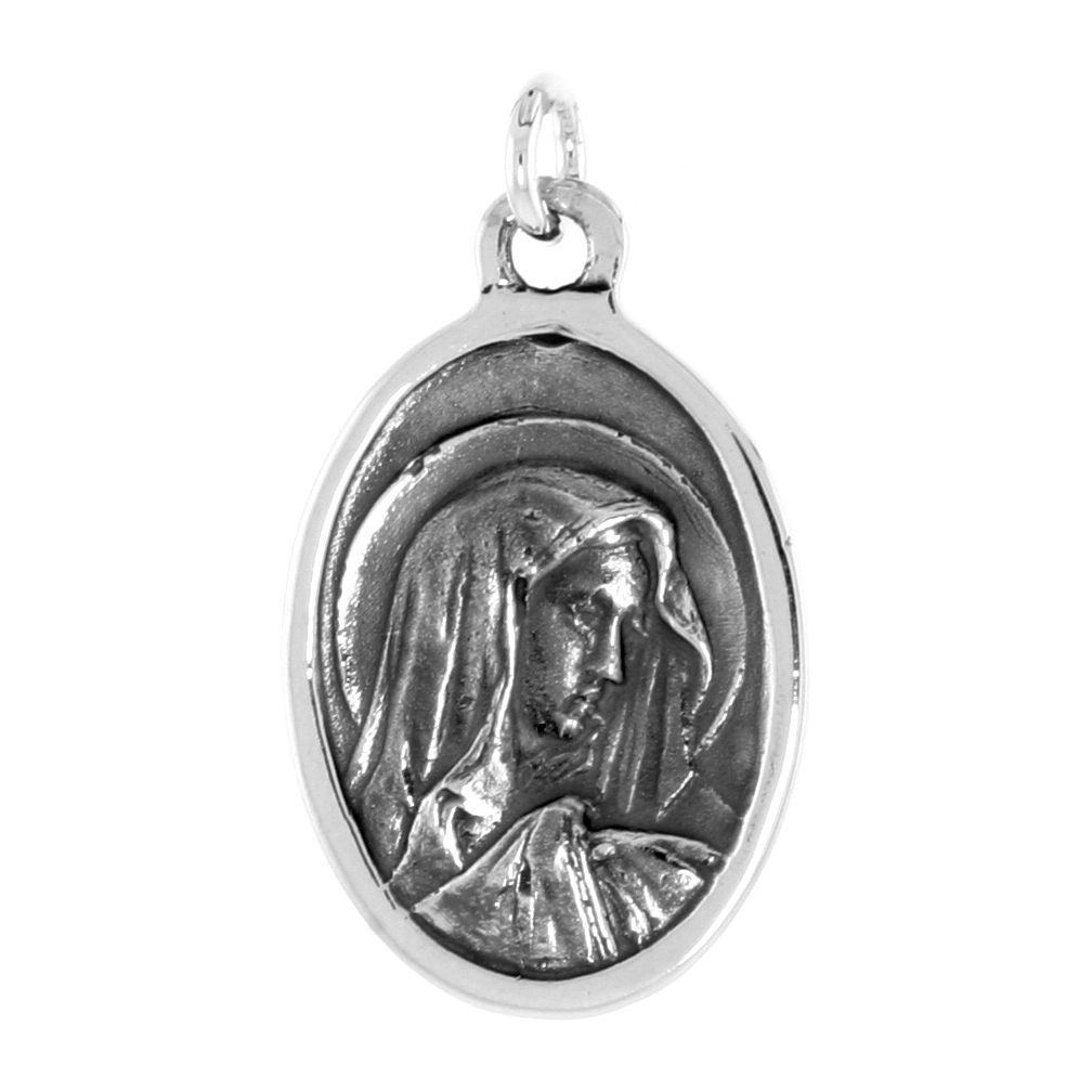 STERLING SILVER VIRGIN MARY AND ST PEREGRINE MEDAL PENDANT OXIDIZED FINISH OVAL 1 INCH