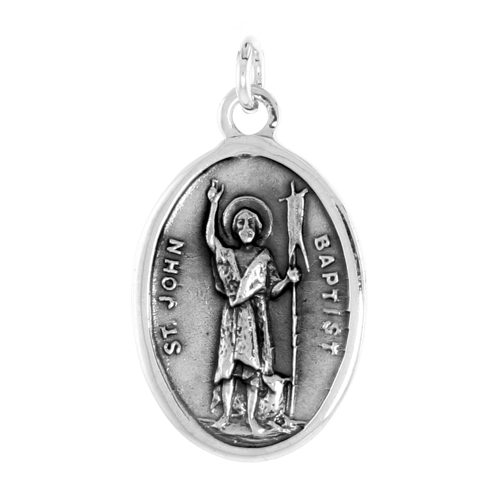 STERLING SILVER ST JOHN THE BAPTIST MEDAL PENDANT OXIDIZED FINISH OVAL 1 INCH