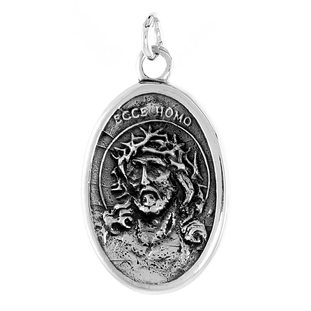 STERLING SILVER JESUS WITH CROWN OF THORNS SORROWFUL MOTHER MEDAL PENDANT OXIDIZED FINISH DOUBLE SIDED OVAL 1 INCH