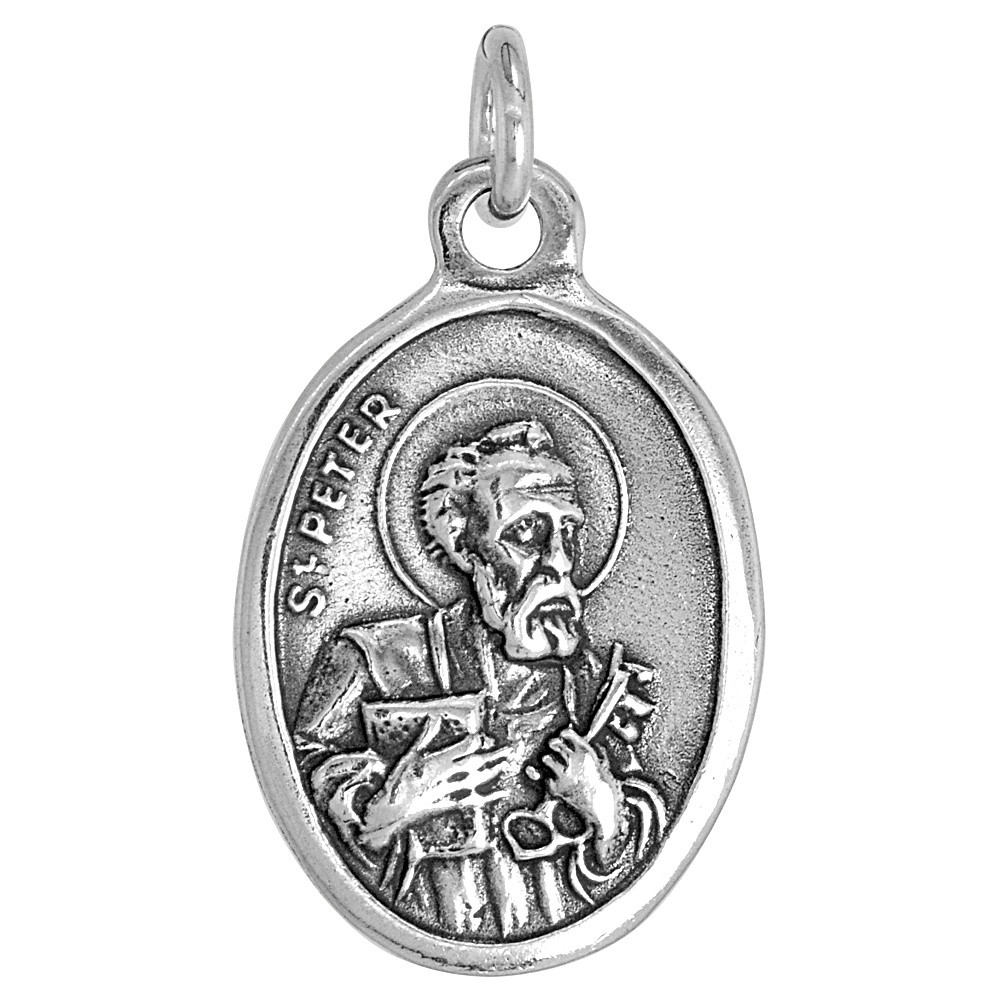 STERLING SILVER ST PETER AND ST PAUL MEDAL PENDANT OXIDIZED FINISH OVAL 1 INCH